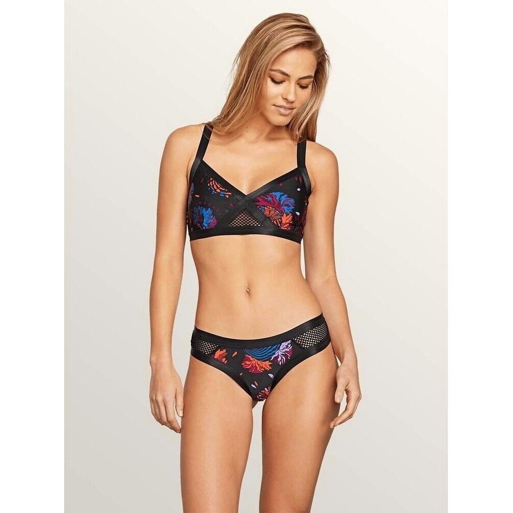 VOLCOM Swimsuit Bikini Bottoms Cheeky Mesh Hipster Black Bright Colors NWT XS